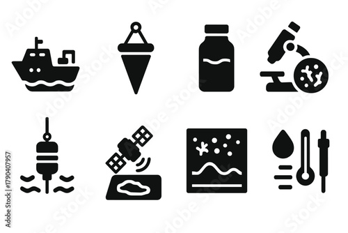 Scientific Monitoring Icons. Solid style icons of scientific monitoring: Research Vessel, Plankton Net, Water Sample Bottle, Lab