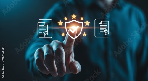 Hand touching a digital security shield icon surrounded by stars, symbolizing data privacy, online protection, and GDPR compliance for digital information and user safety