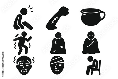 Historic Treatment Icons. Solid style icons of historic treatment aftermath: Fainting Patient, Scarred Arm, Bedside Pail, Shaky