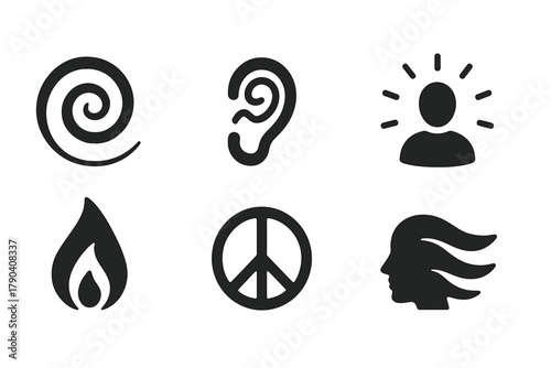 Holistic Healing Icons. Solid style icons of holistic healing symbols: Spiral Energy, Inner Ear Wave, Balancing Icon, Light Aura,