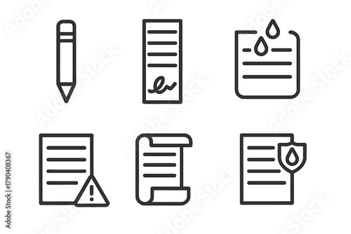 Geocache Logbook Icons. Line style icons of Geocache Logbook Details: mini pencil, signed log strip, wet log icon, full log alert,
