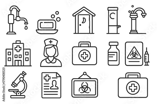 Public Health Icons. Line style icons of Public Health History: water pump, soap bar, latrine, public fountain; hospital building,