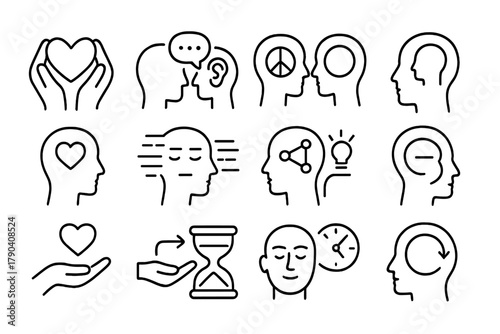 Emotional Intelligence Icons. Line style icons of Emotional Intelligence Practices: empathy, active listening, conflict resolution