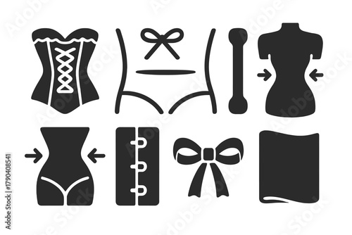 Vintage Corset Icons. Solid style icons of Vintage Corset: Laces, Bone, Tightening, Silhouette, Waist, Hook, Ribbon, Fabric, No