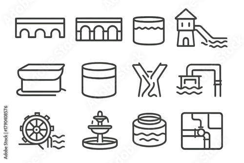 Aqueduct and Water Icons. Line style icons of Aqueducts and Water Systems: stone channel, arch bridge, water basin, conduit;