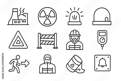 Nuclear Safety Icons. Line style icons of Nuclear Accidents: damaged reactor, radiation symbol, emergency siren, containment dome;