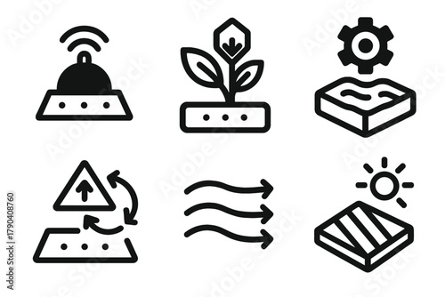 Programmable Matter Icons. Line style icons of Programmable Matter: environmental sensing matter, adaptive garden icon,