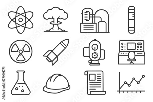 Nuclear History Icons. Line style icons of Nuclear History: atom symbol, nuclear mushroom cloud, reactor, uranium rod; radiation