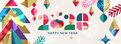 2026 Merry Christmas, Season's Greeting and Happy New Year vector illustration for greeting cards, posters, holiday cover in modern minimalist geometric style.

