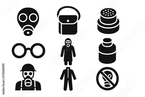 Vintage Gas Mask Icons. Solid style icons of Vintage WWI Mask: Vintage Gasmask, Bag, Filter, Eye Pieces, WWI, Straps, Canister,