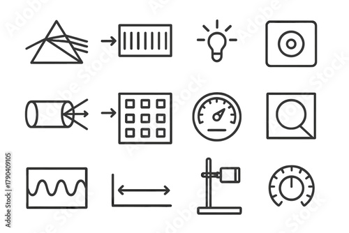 Spectrometer Line Icons. Line style icons of Spectrometers: prism, diffraction grating, light source, detector; optical tube,