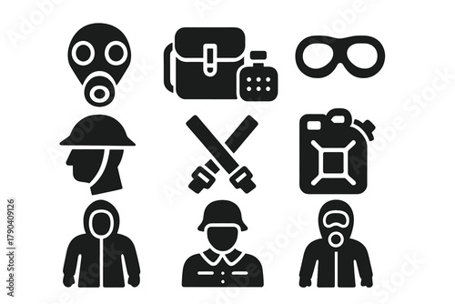 Retro Military Icons. Solid style icons of Retro Military Equipment: Gasmask, Bag, Filter, Eye Pieces, WWI, Straps, Canister,