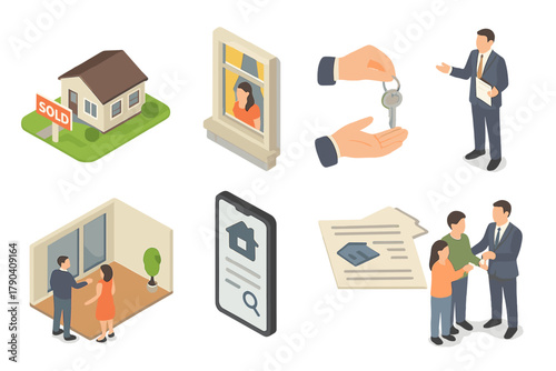 Real Estate Transactions. Isometric vector illustration set of Real Estate: backyard with sold sign, apartment view window, home