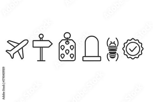 Trackable Mission Icons. Line style icons of Trackable Missions: “travel far” icon, “reach event” sign, “visit 5 countries” tag,