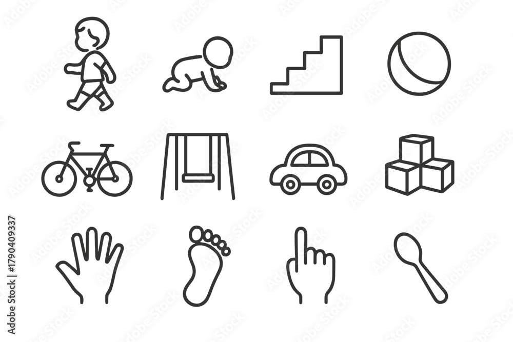 Fototapeta premium Motor Skills Icons. Line style icons of Motor Skills: Walking Child, Crawling Baby, Stairs, Ball; Bicycle, Swing, Toy Car, Blocks;