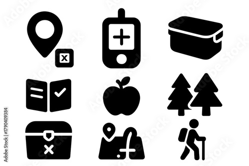 Geocaching Adventure Icons. Solid style icons of Outdoor Exploration Game: Geocaching, GPS, Container, Logbook, Trade Item, Forest