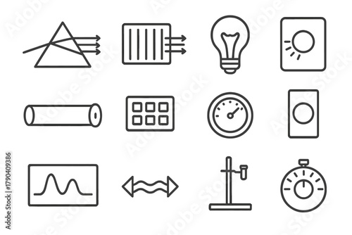 Spectrometer Line Icons. Line style icons of Spectrometers: prism, diffraction grating, light source, detector; optical tube,