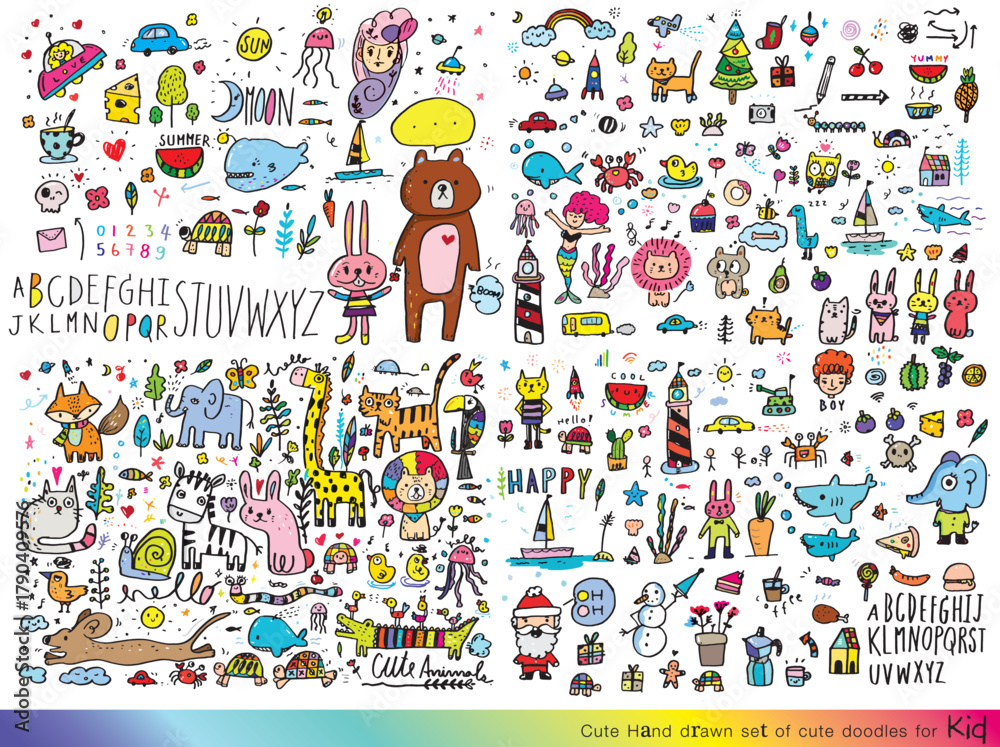 Obraz premium Collection of hand drawn cute doodles,Doodle children drawing,Sketch set of drawings in child style,Funny Doodle Hand Drawn,Page for coloring, cute animal hand drawn, cute Doodle