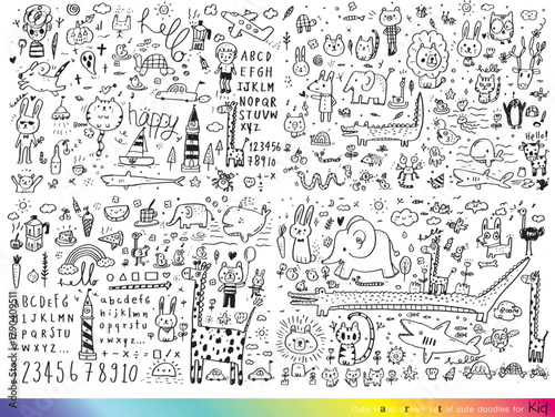 Collection of hand drawn cute doodles,Doodle children drawing,Sketch set of drawings in child style,Funny Doodle Hand Drawn,Page for coloring, cute animal hand drawn, cute Doodle