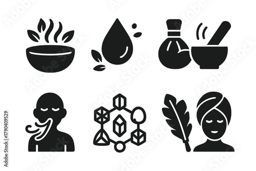 Traditional Cleansing Icons. Solid style icons of traditional cleansing practices: Herbal Steam, Natural Oil Drop, Clay Compress,