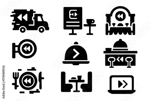Rewind Dining Icons. Solid style icons of rewind dining environments: glitchy food truck, reversed menu cafe, backward banquet