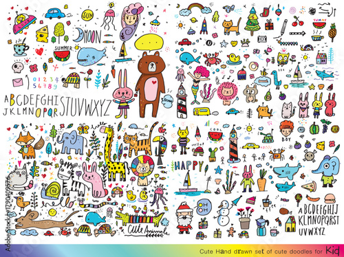Collection of hand drawn cute doodles,Doodle children drawing,Sketch set of drawings in child style,Funny Doodle Hand Drawn,Page for coloring, cute animal hand drawn, cute Doodle