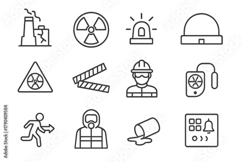 Nuclear Safety Icons. Line style icons of Nuclear Accidents: damaged reactor, radiation symbol, emergency siren, containment dome;