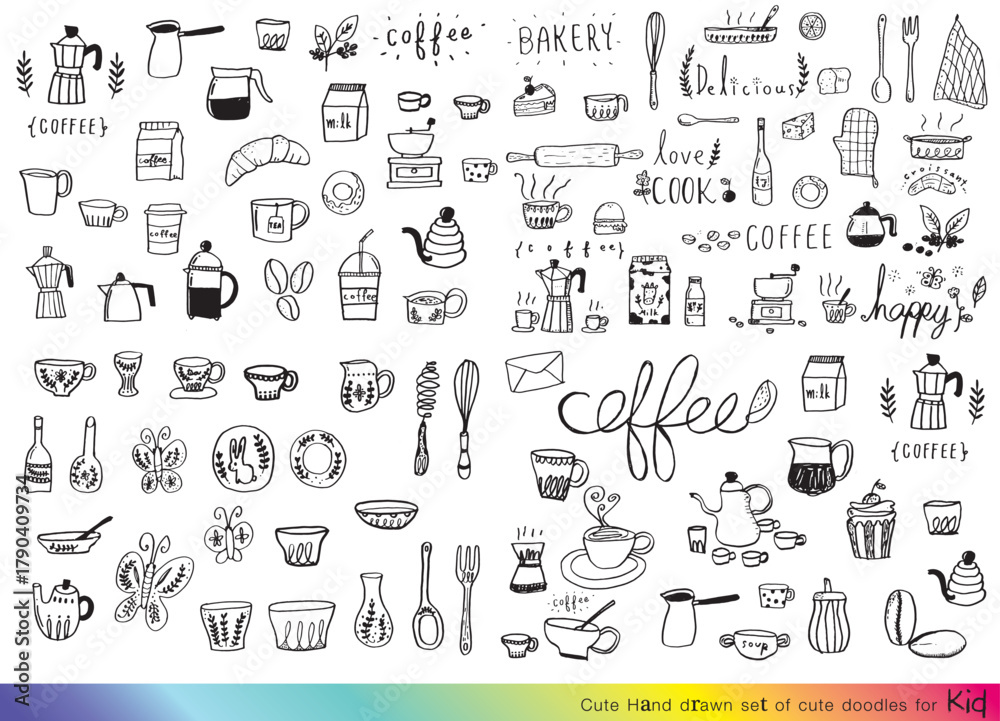 Naklejka premium Food doodles,Foods doodles hand drawn sketchy vector symbols and objects