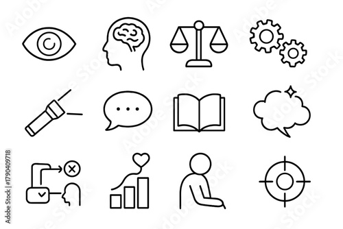 Mental Processes Icons. Line style icons of Mental Processes: perception eye, memory icon, decision scale, reasoning gears;