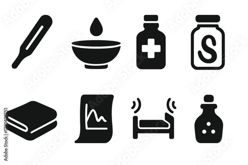 Outdated Medical Treatments. Solid style icons of outdated treatments: Fever Thermometer, Bleeding Bowl, Bitter Tonic, Leech Jar,