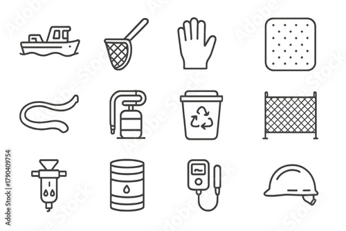Environmental Cleanup Icons. Line style icons of Environmental Cleanup Tools: skimmer boat, trash net, glove, absorbent pad;