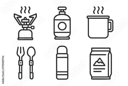 Arctic Cooking Icons. Line style icons of Arctic Cooking Tools: portable stove, gas canister, titanium pot, foldable utensils,