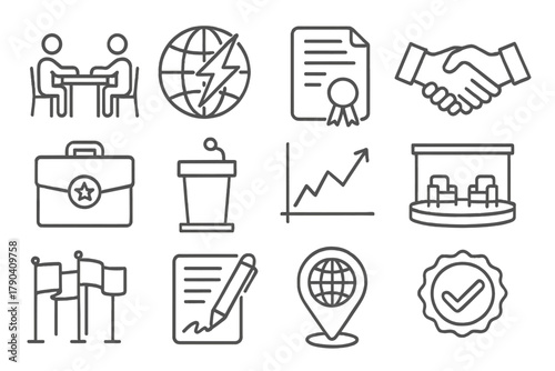 Energy Diplomacy Icons. Line style icons of Energy Diplomacy: negotiation table, globe with lightning, treaty document, handshake;