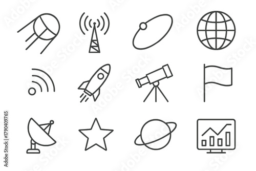 Sputnik Icons Collection. Line style icons of Sputnik Era: Sputnik Satellite, Antenna, Orbit Path, Globe; Signal Wave, Rocket,