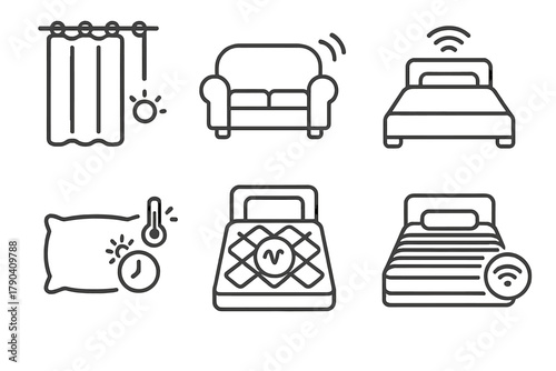 Smart Home Fabric Icons. Line style icons of smart home fabric uses: curtain with light control, ambient sofa cover, smart bed