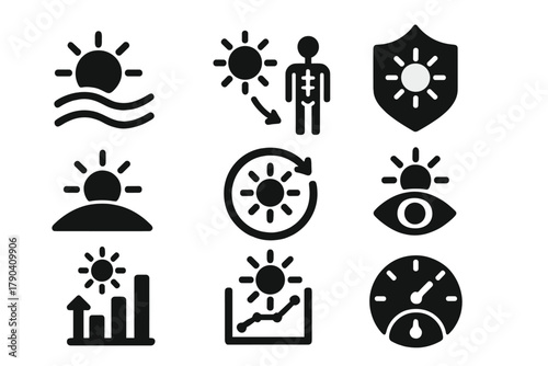 Sunlight Exposure Icons. Solid style icons of sunlight exposure: UV wave glyph, vitamin D synthesis icon, solar hormesis badge.