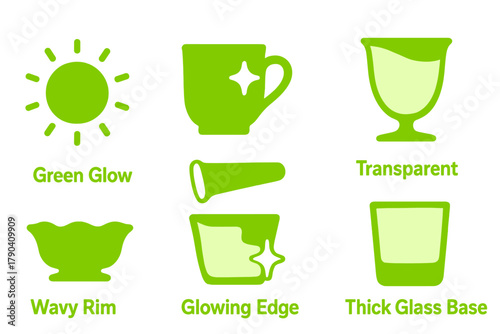 Uranium Glass Icons. Solid style icons of uranium glass characteristics: Green Glow, Fluorescent Shine, UV Light Beam, Transparent