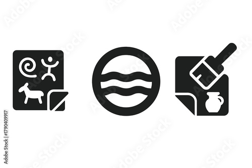 Layered Excavation Icons. Line style icons of cycling tours and expeditions: loaded touring bike, tent and bike, long route map,