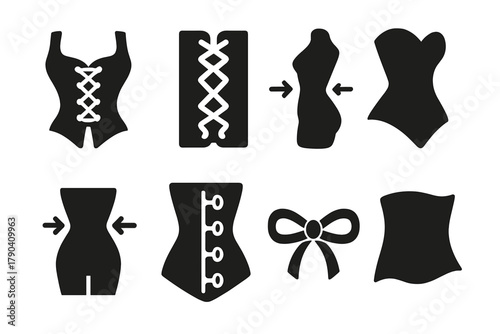 Vintage Corset Icons. Solid style icons of Vintage Corset: Laces, Bone, Tightening, Silhouette, Waist, Hook, Ribbon, Fabric, No