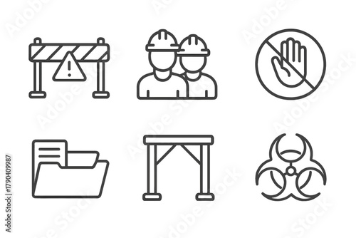 Disaster Preservation Icons. Line style icons of disaster site preservation: fenced-off danger zone, conservation team icon,