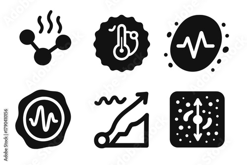 Quantum Heat Transfer Icons. Solid style icons of quantum heat transfer in cells: molecule with thermal wave, quantum heat badge,