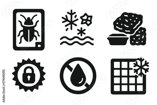 Freeze-Dried Protein Icons. Solid style icons of freeze-dried protein: bug in dry chamber, powder crystallization icon,