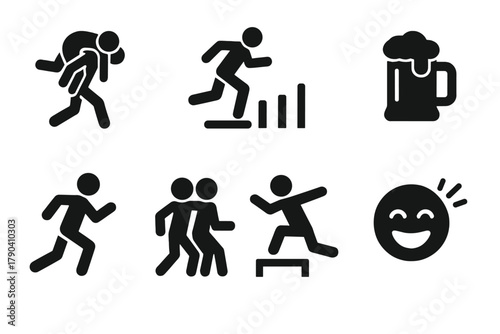 Wife Carrying Race. Solid style icons of Humorous Race: Wife Carrying, Obstacle Course, Estonian Carry, Prize (Beer), Running,