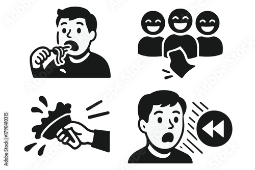 Comedic Reaction Icons. Solid style icons of comedic reaction moments: shocked eater face, laughing crowd icon, slapstick bite