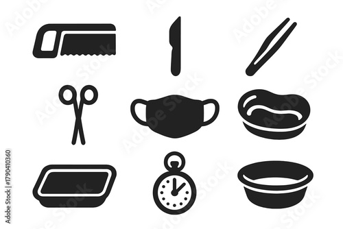 Vintage Surgical Tools. Solid style icons of vintage operating room tools: Bone Saw, Scalpel Blade, Tweezers, Surgical Scissors,