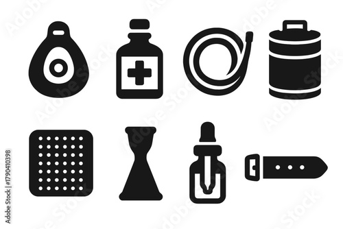 Vintage Anesthesia Icons. Solid style icons of vintage anesthesia equipment: Anesthesia Mask, Ether Bottle, Rubber Tube, Metal