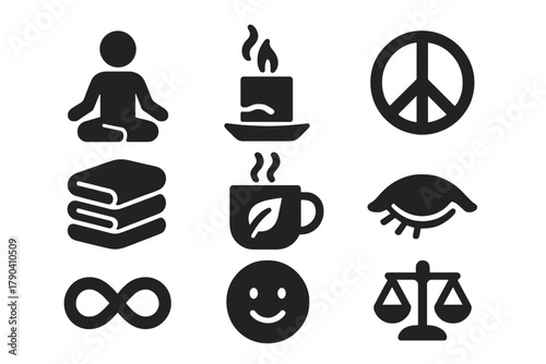Wellness Icons Collection. Solid style icons of wellness and serenity: Meditation Pose, Aromatherapy Candle, Peace Symbol, Clean