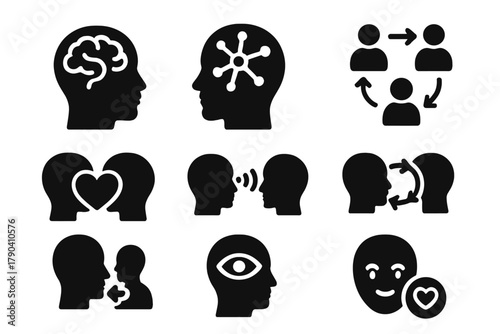 Social Cognition Icons. Solid style icons of social cognition and leadership: social brain icon, empathy neuron network, group