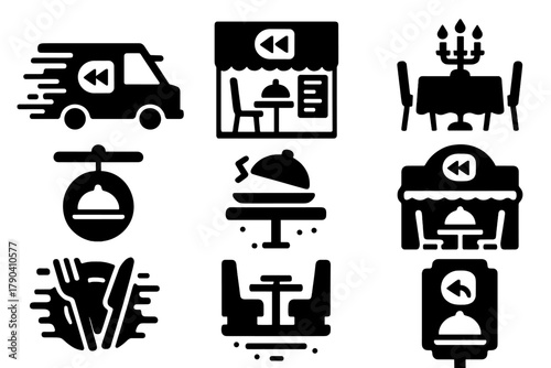 Rewind Dining Icons. Solid style icons of rewind dining environments: glitchy food truck, reversed menu cafe, backward banquet