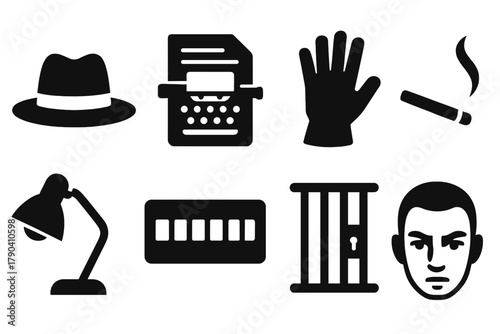 1920s Crime Iconography. Solid style icons of 1920s criminal archive: Fedora Hat, Typewriter File, Black Gloves, Smoking Cigarette
